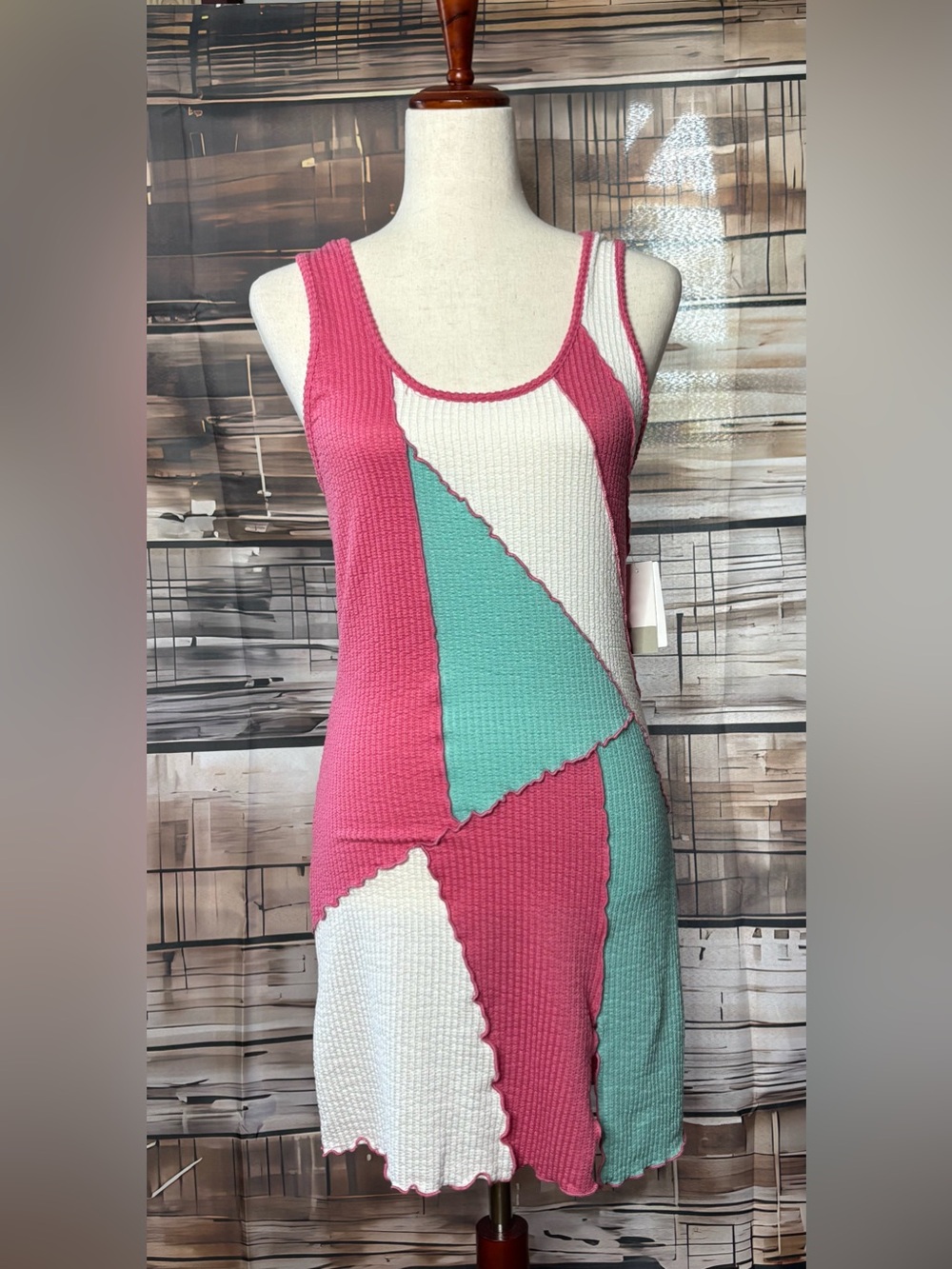 BP Nordstrom NWT Pink Blue Colorblock Crochet Patchwork Knit Dress Medium